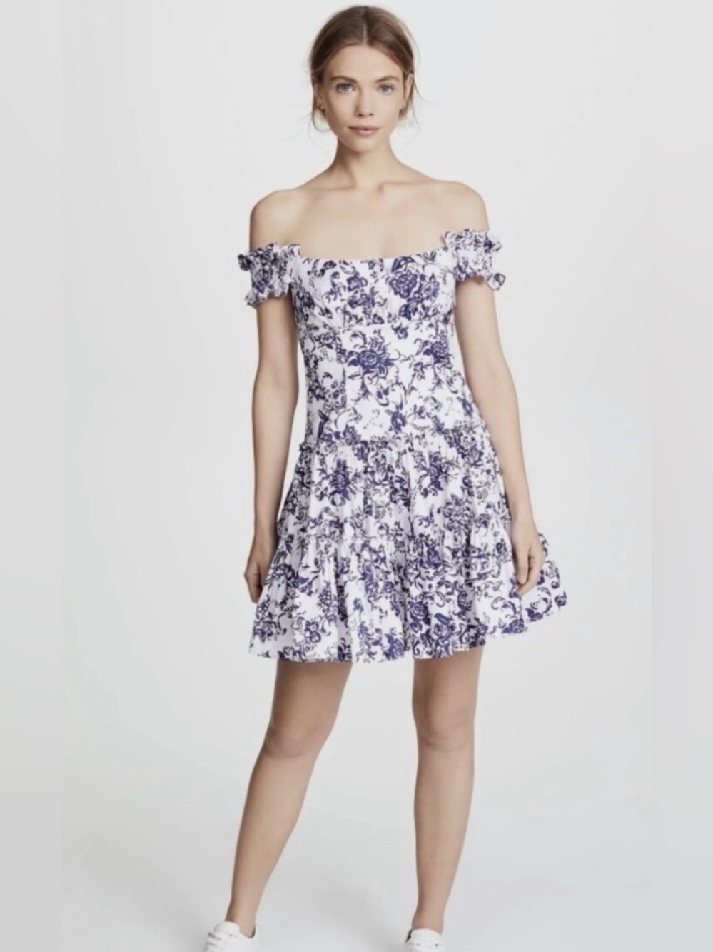 Caroline Constas White and Navy Floral One-Shoulder Sundress